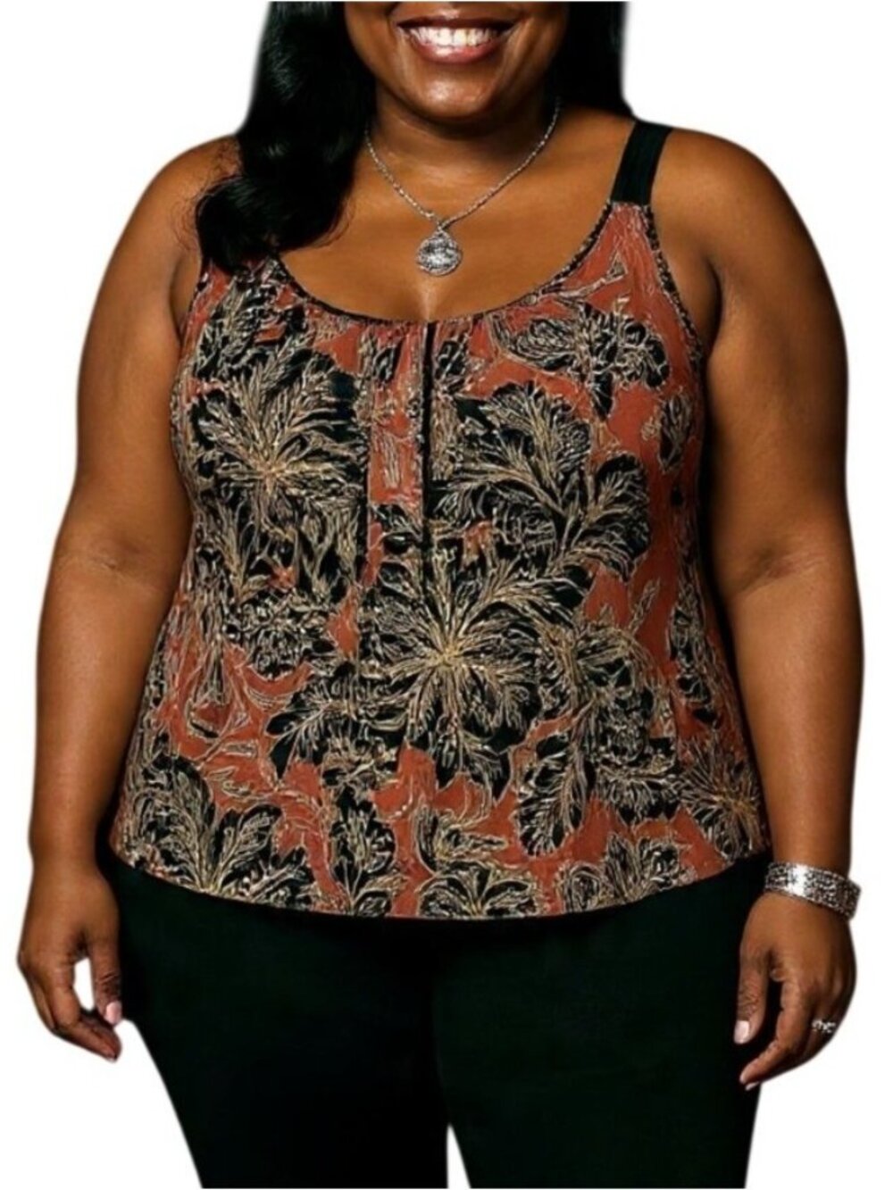 Agenda Size XL Top Scoop Neck Floral Red Black Beaded Strap Sleeveless